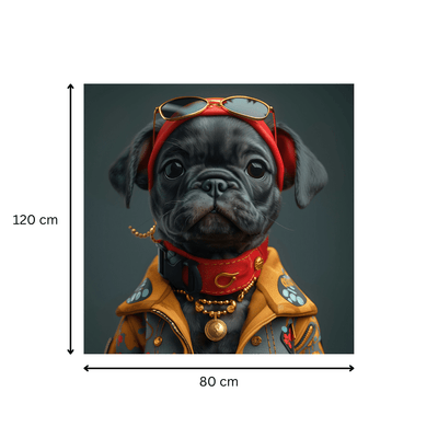Dimensions du tableau 'Carlin Sophistiqué' : 120 cm de hauteur sur 80 cm de largeur. Illustration canine élégante pour décoration murale raffinée.
