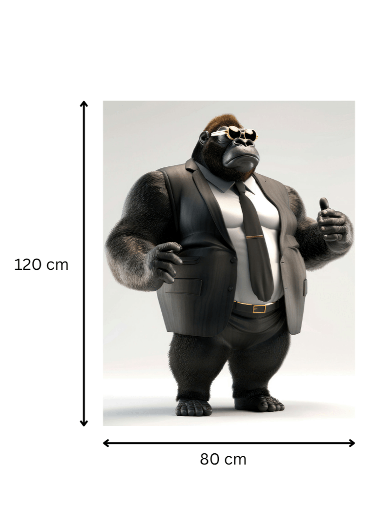 Dimensions du tableau 'Executive Vision – Gorille en Costume' : 120 cm x 80 cm, œuvre murale contemporaine idéale pour bureau ou salon design.