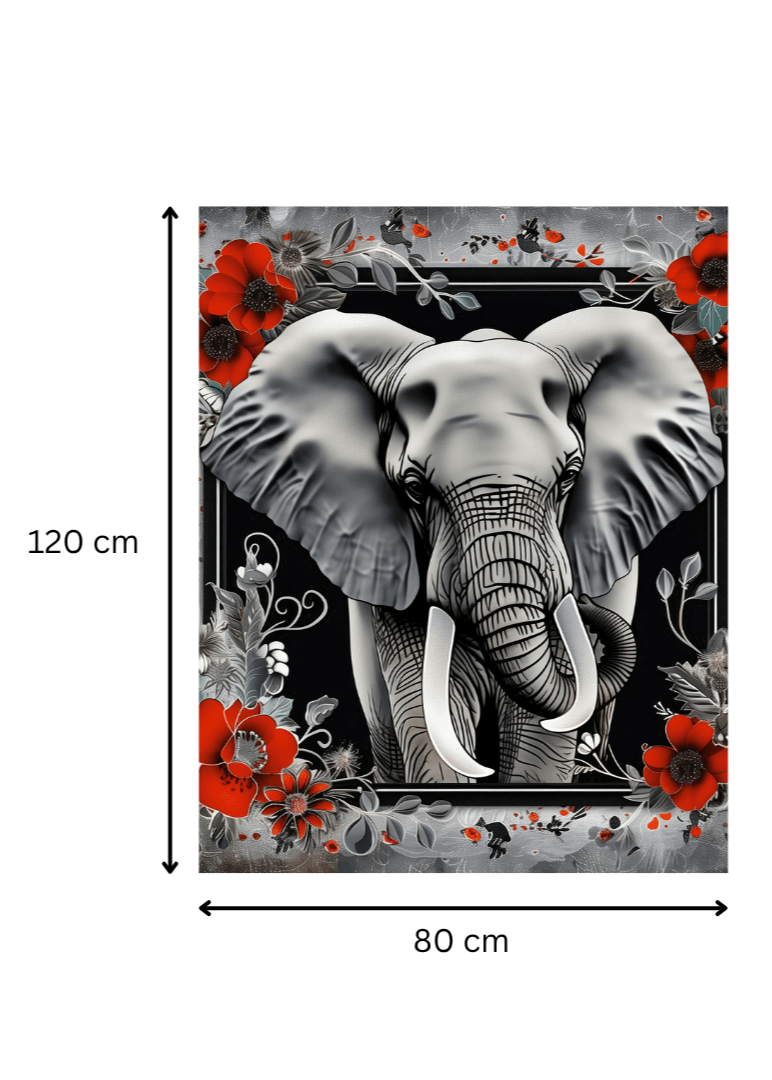 Dimensions du tableau 'Majesté Sereine – Éléphant Fleuri' : 120 cm x 80 cm, art visuel premium pour décoration intérieure haut de gamme.