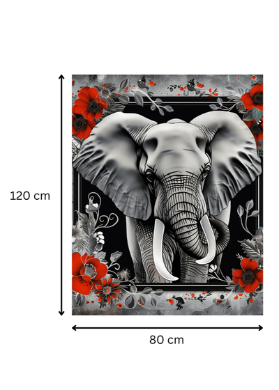 Dimensions du tableau 'Majesté Sereine – Éléphant Fleuri' : 120 cm x 80 cm, art visuel premium pour décoration intérieure haut de gamme.