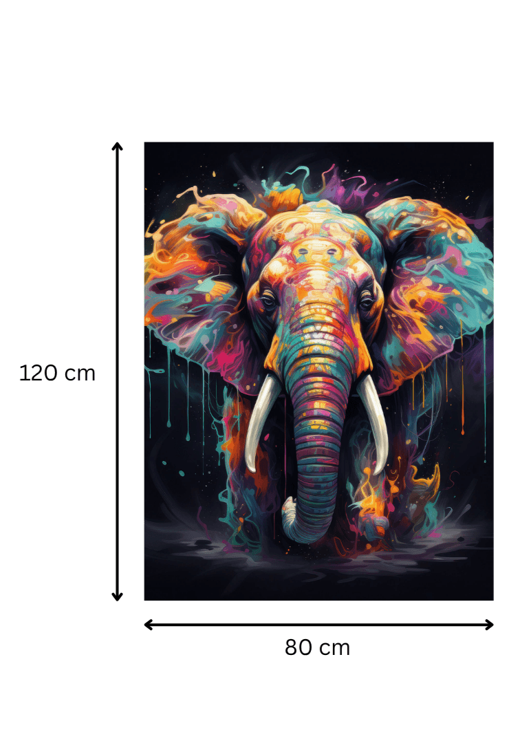 Dimensions du tableau 'Essence Éthérique – Éléphant Fluide' : 120 cm de hauteur sur 80 cm de largeur, parfait pour une décoration murale impactante.