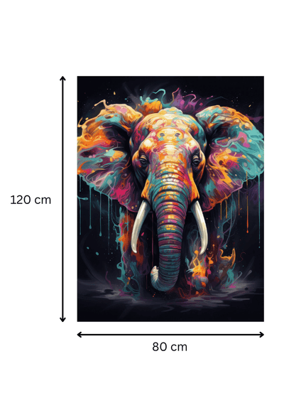 Dimensions du tableau 'Essence Éthérique – Éléphant Fluide' : 120 cm de hauteur sur 80 cm de largeur, parfait pour une décoration murale impactante.