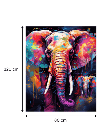 Toile 'Éléphant Chromatique' mesurant 120x80 cm, illustrant un éléphant multicolore dans un style artistique moderne et coloré pour décoration murale.