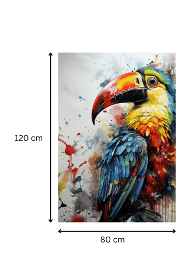 Toile 'Plumage Éclatant – Toucan Coloré' mesurant 120x80 cm, art mural contemporain parfait pour sublimer un intérieur avec une touche exotique.
