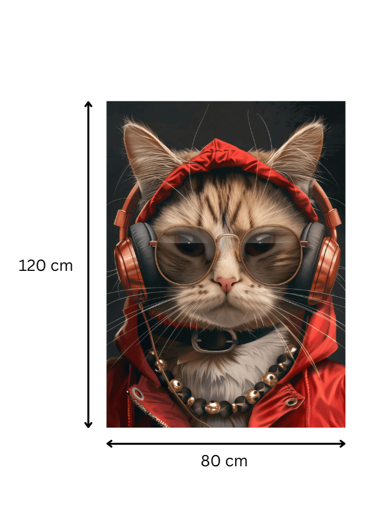 Impression artistique sur toile 'Mélodie Féline' mesurant 120x80 cm, chat avec casque audio et hoodie rouge, déco murale moderne.