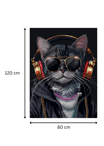 Toile 'Harmonie Urbaine – Chat Noir aux Lunettes' mesurant 120x80 cm, art visuel original pour décoration intérieure urbaine.