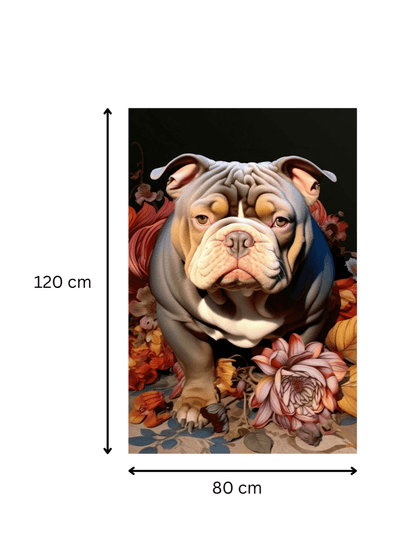 Tableau 'Bouledogue Anglais avec Fleurs' de 120x80 cm, impression artistique sur toile, idéal pour un décor mural expressif et raffiné.