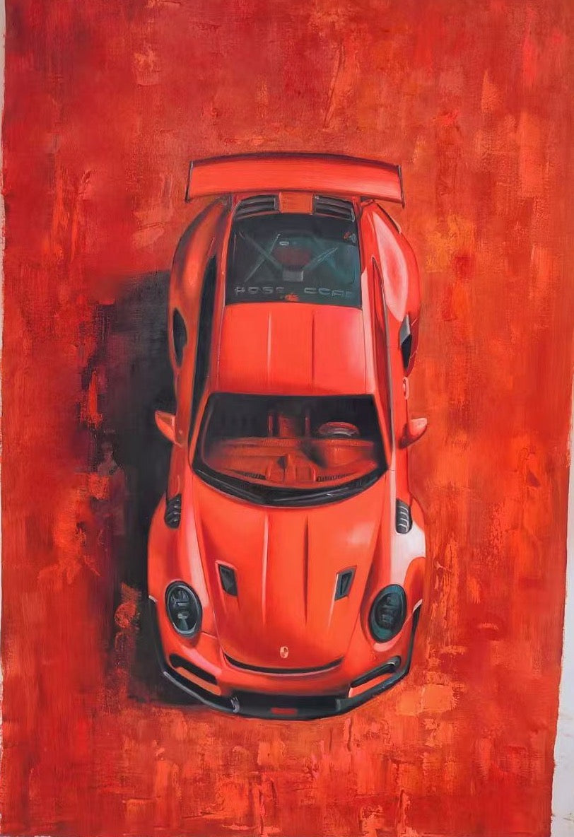 Impression artistique sur toile 'Passion Ardente' montrant une Porsche rouge sur fond texturé rouge. Œuvre statement pour amateurs d'art automobile moderne.
