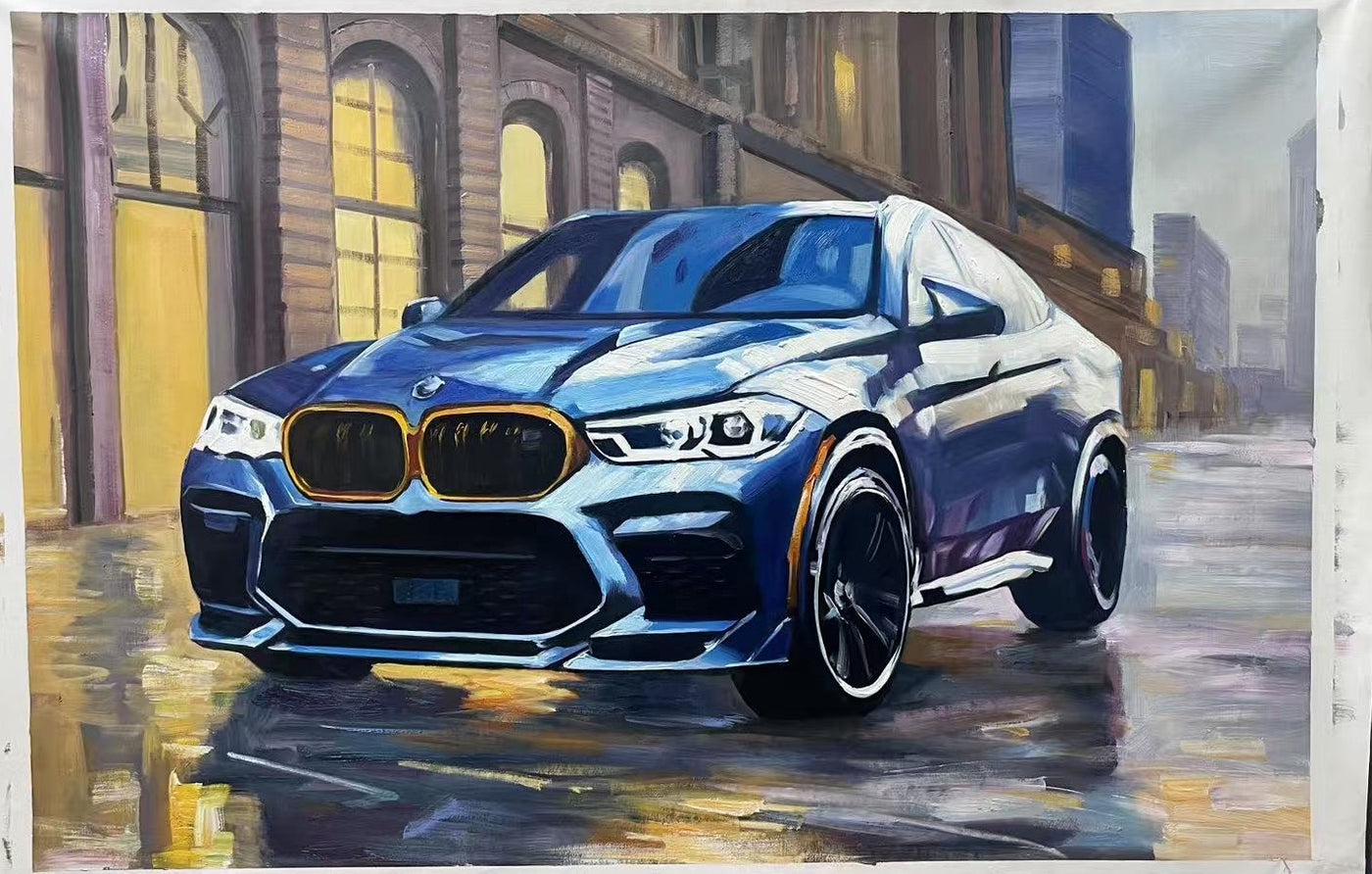 Impression artistique sur toile représentant une BMW bleue sous la pluie, avec reflets urbains et ambiance nocturne stylisée, style peinture contemporaine.