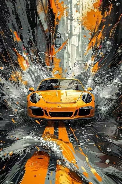 Impact Dynamique - Porsche 911 Jaune - Art Explosif Contemporain montrant une voiture sportive traversant une flaque avec éclats de peinture orange et grise.