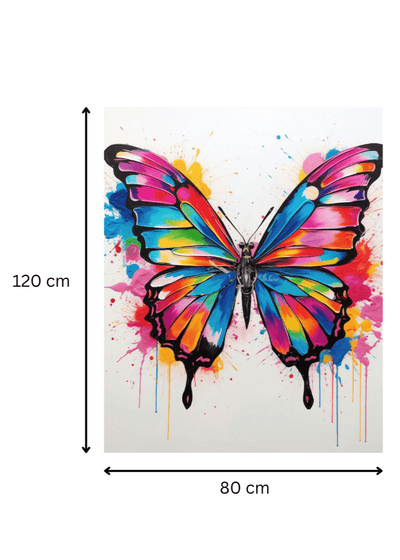 Tableau Grand Papillon Arc-en-ciel de 120x80 cm, œuvre murale colorée idéale pour une décoration artistique et expressive de grand format.
