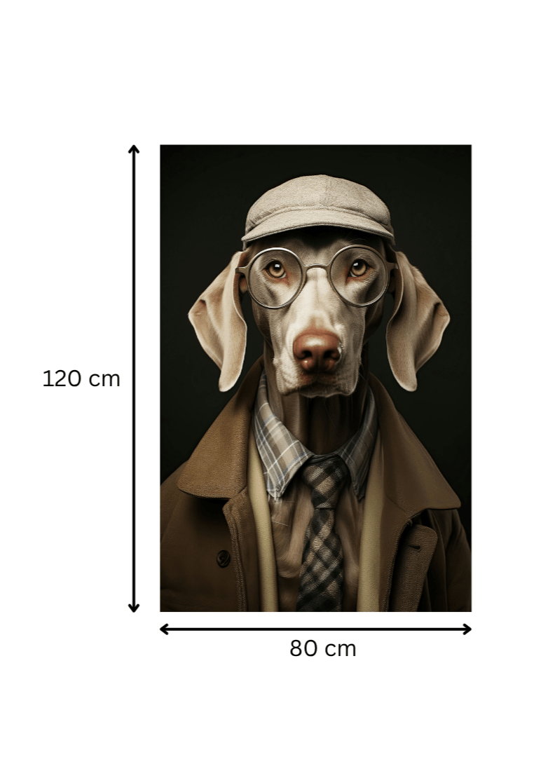 Impression artistique sur toile 80x120 cm du tableau 'L'Intellectuel'. Chien stylé en costume rétro, parfait pour une déco murale originale.