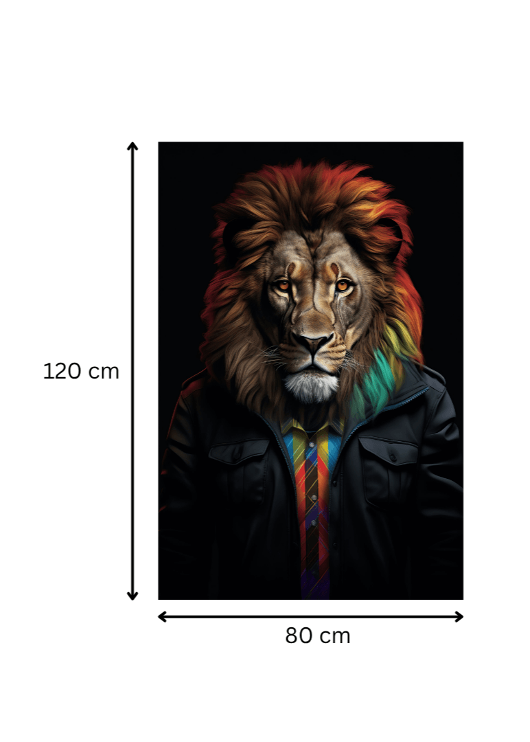 Impression artistique sur toile 'Le Roi Moderne' mesurant 120x80 cm, lion en cravate colorée sur fond noir, style contemporain.