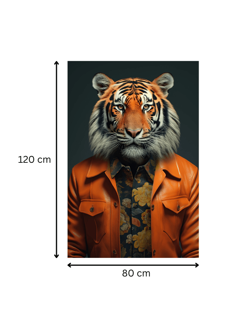 Impression sur toile 'Élégance Sauvage' mesurant 120x80 cm, mettant en scène un tigre stylé en tenue florale, idéale pour une décoration murale chic.
