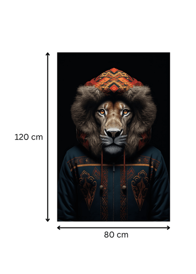 Impression artistique 'Lion à capuche ethnique' mesurant 120x80 cm. Tableau mural tribal idéal pour un intérieur au style audacieux et spirituel.