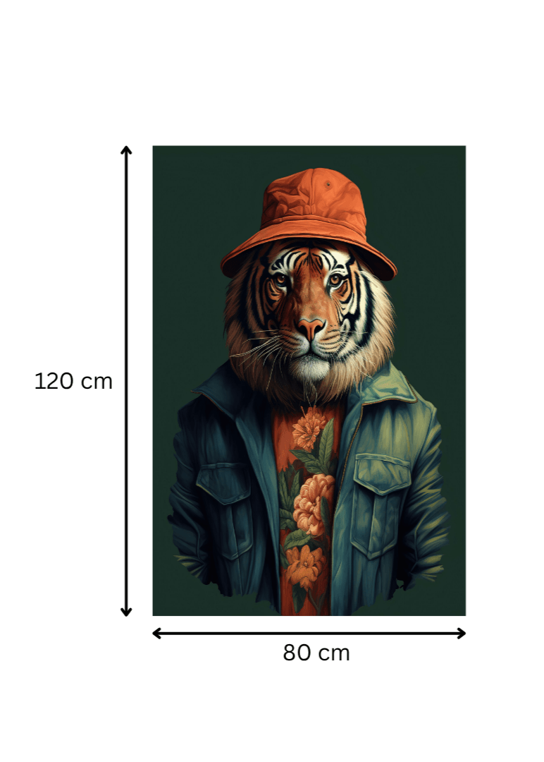 Impression artistique sur toile 'Urban Safari' mesurant 120x80 cm, portrait d’un tigre stylisé en tenue urbaine avec chapeau orange et veste verte.