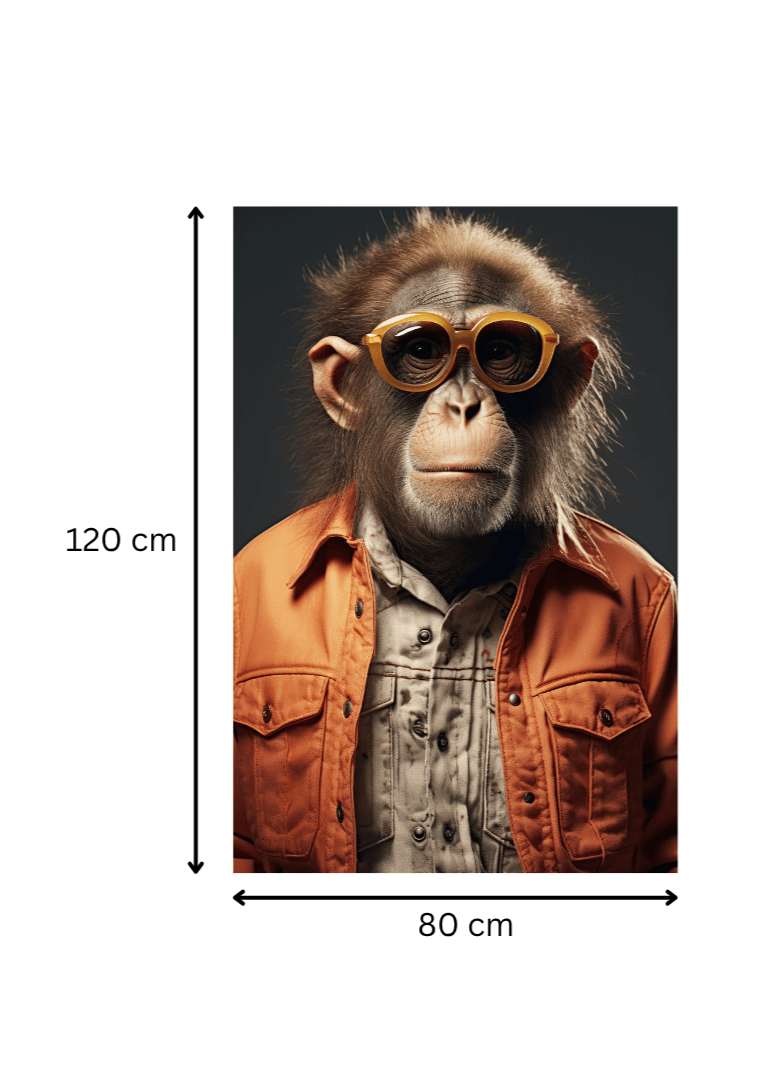 Impression sur toile 80x120 cm du tableau 'Chimpanzé stylé avec lunettes', art contemporain pour une touche rétro dans votre déco murale.