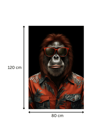 Dimensions du tableau 'Fashion Week' : 120 x 80 cm. Portrait d’orang-outan en chemise tropicale et lunettes rouges, parfait pour une déco originale.