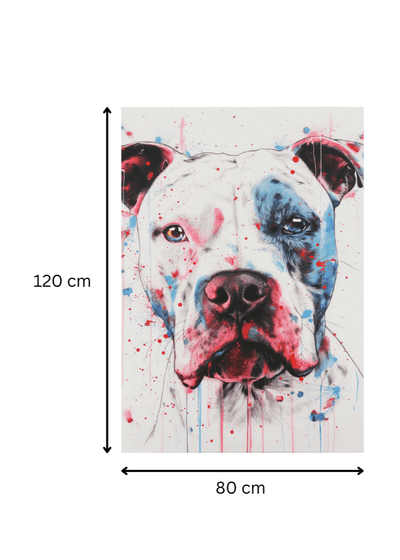 Impression sur toile 'Expression Américaine – Pitbull Coloré' mesurant 120x80 cm. Art mural expressif parfait pour les amateurs d’art canin contemporain.