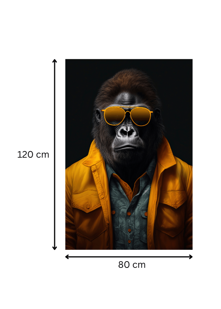 Tableau Le Visionnaire mesurant 120x80 cm, représentant un gorille en lunettes jaunes et veste orange. Parfait pour un intérieur au style animalier et moderne.