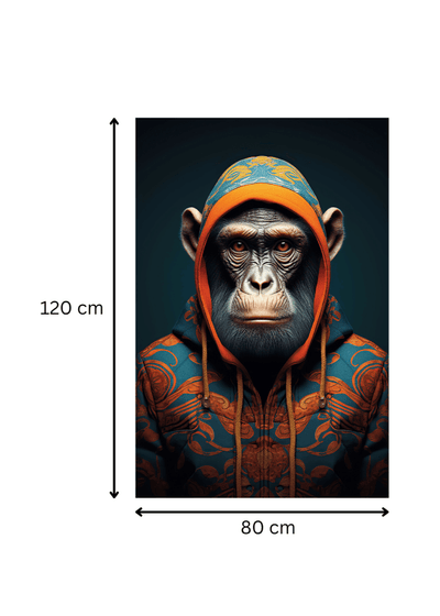 Toile 'Motifs Ancestraux' mesurant 120x80 cm, représentant un chimpanzé en hoodie stylisé. Art mural contemporain pour intérieur design.