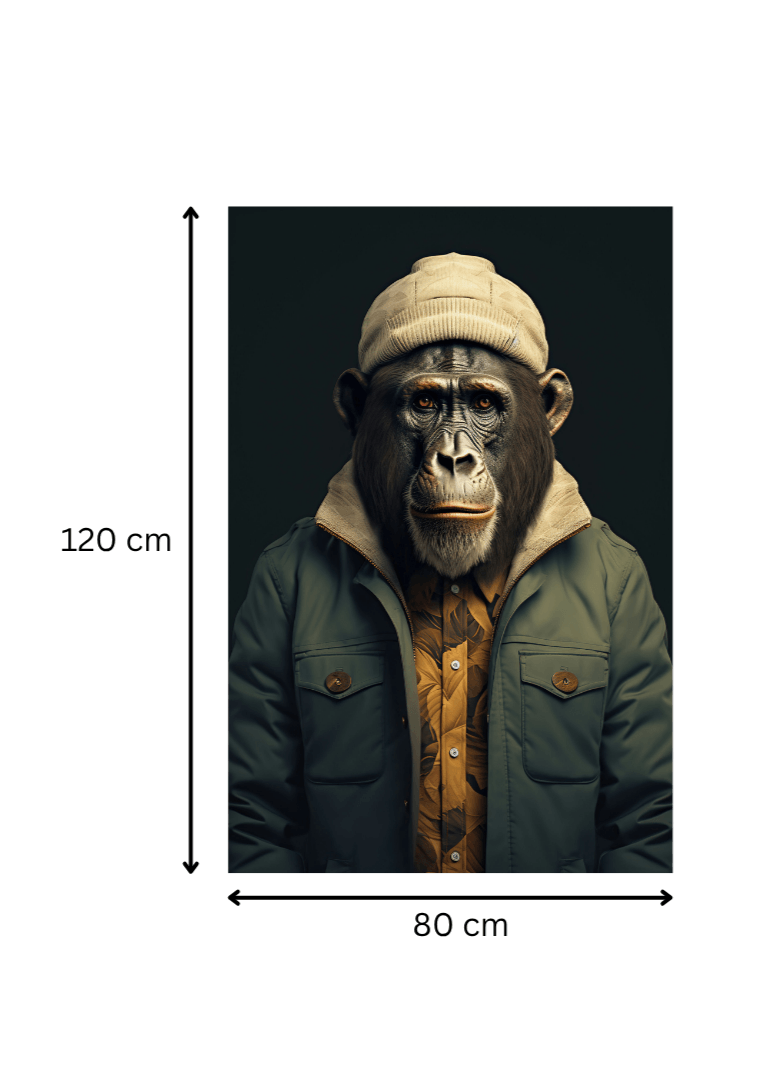 Dimensions du tableau 'Chimpanzé pensif au bonnet' : 120 cm de hauteur sur 80 cm de largeur, parfait pour une déco murale percutante.