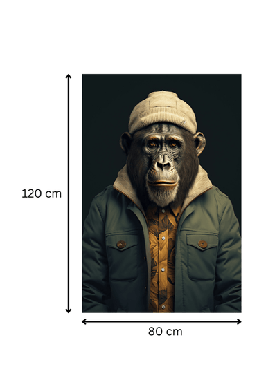 Dimensions du tableau 'Chimpanzé pensif au bonnet' : 120 cm de hauteur sur 80 cm de largeur, parfait pour une déco murale percutante.
