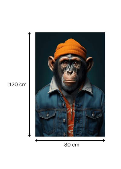 Dimensions du tableau 'Streetwear – Impression artistique sur toile' : 120 cm de hauteur sur 80 cm de largeur. Art mural contemporain avec chimpanzé stylé en bonnet orange.
