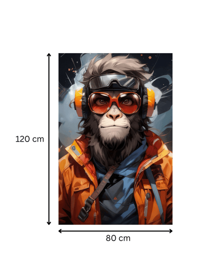 Impression sur toile 'L'Auditeur' mesurant 120x80 cm, singe au look futuriste avec casque audio et veste orange, art mural contemporain.