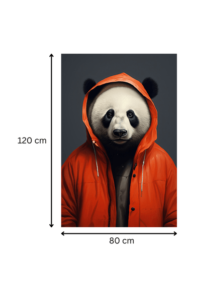Impression artistique sur toile 'Panda à capuche rouge' de 120x80 cm, art mural contemporain pour décoration intérieure tendance.