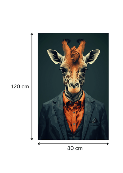 Impression sur toile 'L'Élégant' mesurant 120x80 cm, girafe en costume stylisé. Tableau mural parfait pour un intérieur design et audacieux.