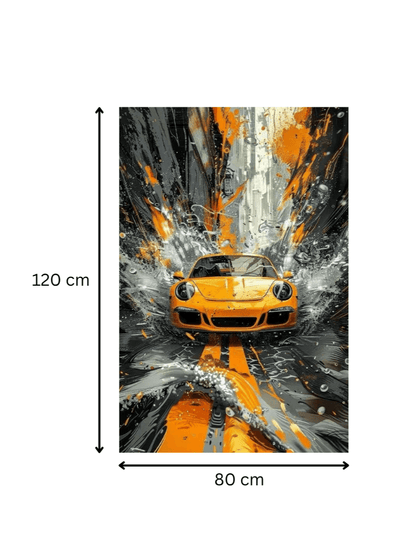 Impact Dynamique - Porsche 911 Jaune - Art Explosif Contemporain, tableau de 120x80 cm illustrant une scène urbaine énergique et colorée.