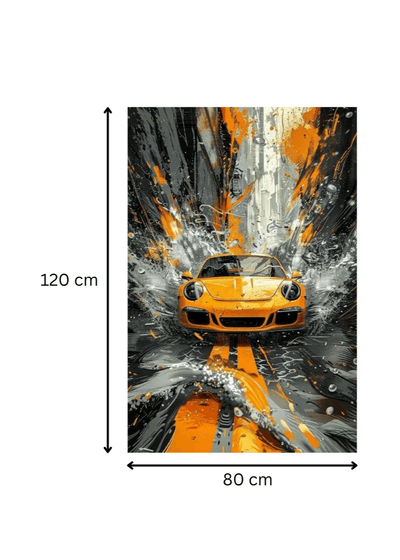 Tableau 'Vitesse Urbaine – Porsche Jaune' format 120x80 cm, art automobile contemporain aux éclats orange et noirs puissants.
