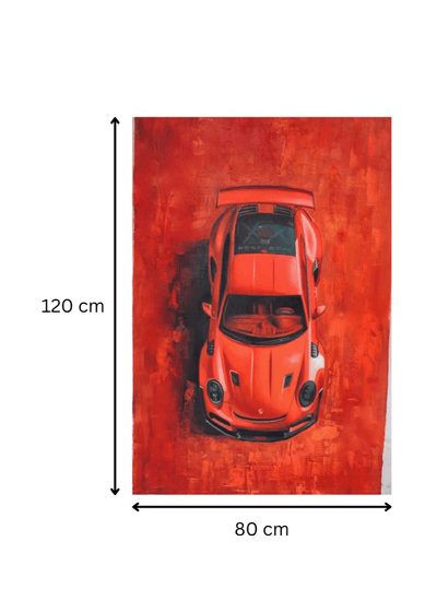 Toile 'Passion Ardente – Porsche Rouge' de 120x80 cm, art mural contemporain avec voiture iconique rouge sur fond monochrome puissant. Parfait pour décoration haut de gamme.