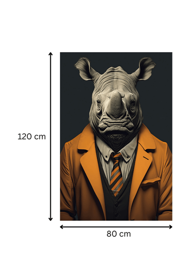Tableau 'Rhinocéros en costume orange - Tableau design' mesurant 120x80 cm, parfait pour une décoration murale audacieuse et contemporaine.