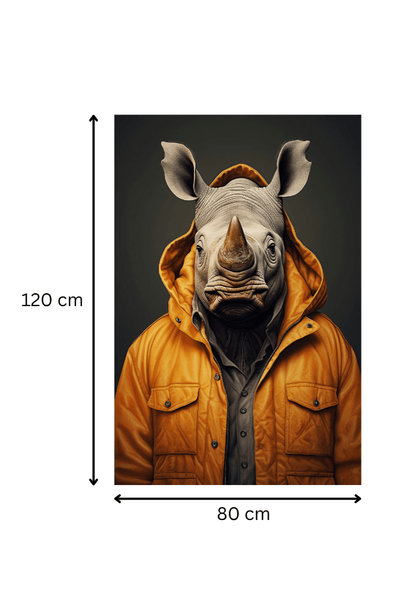 Tableau 'Garde-robe urbaine' de 120x80 cm avec un rhinocéros en veste orange, idéal pour un intérieur au style art contemporain.