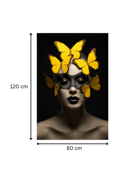 Impression sur toile Reine Silencieuse mesurant 120x80 cm, art mural contemporain avec visage féminin et papillons dorés en contraste sombre.