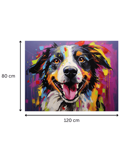 Impression artistique sur toile 'Joie Canine' de 120x80 cm, représentant un Border Collie souriant dans un style pop art éclatant.
