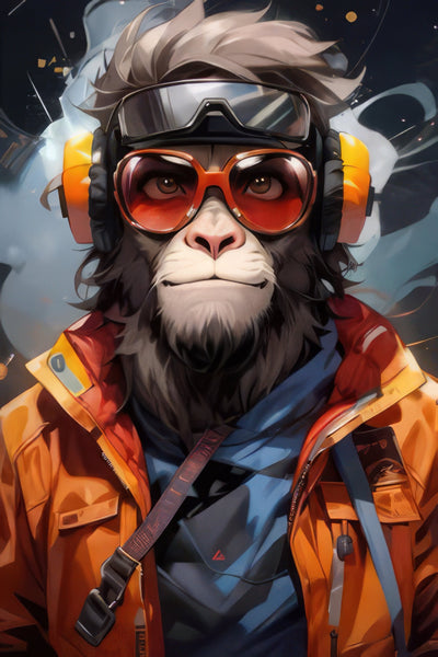 Portrait artistique 'L'Auditeur' d’un singe en tenue techwear avec casque audio, ambiance urbaine et industrielle marquée.