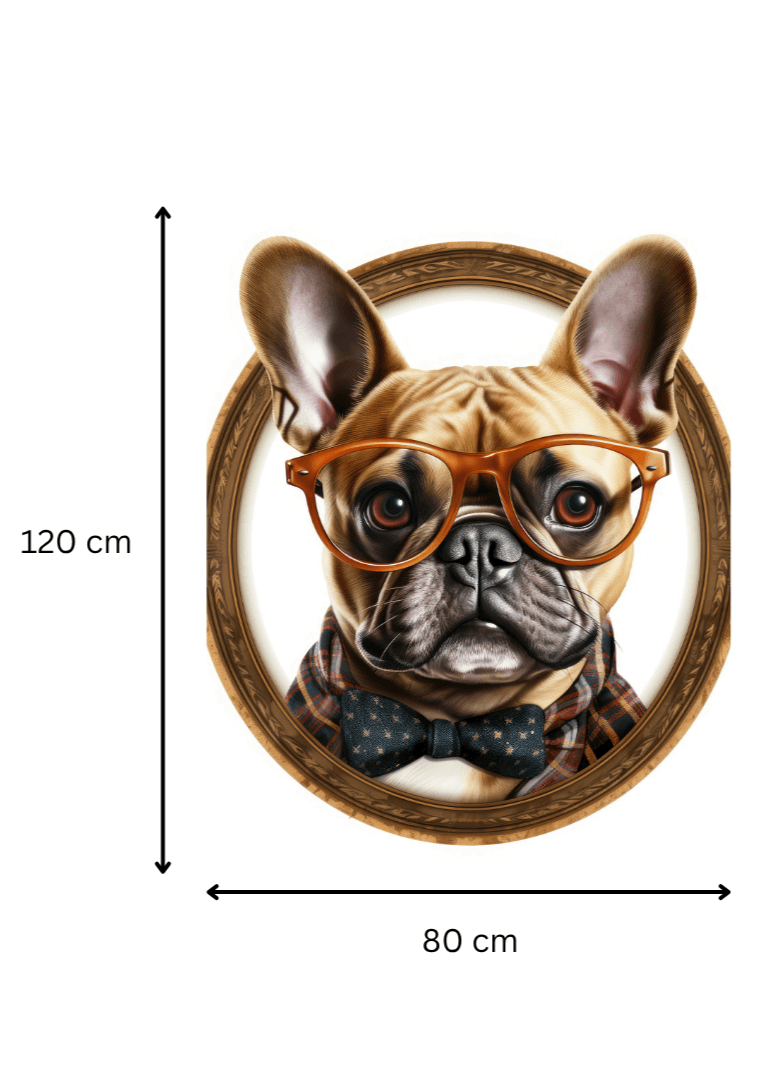 Tableau 'Académie Canine - Bouledogue à Lunettes' avec dimensions 120x80 cm, idéal pour une décoration murale sophistiquée et contemporaine.