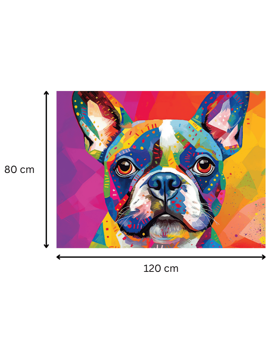Tableau pop art de bouledogue français mesurant 120x80 cm, parfait pour dynamiser un espace intérieur avec une œuvre colorée et expressive.