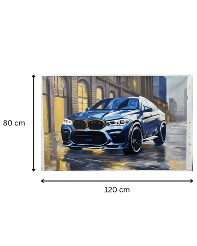 Tableau 'Élégance Urbaine' mesurant 120x80 cm, mettant en scène une voiture de luxe BMW dans une rue de ville sous la pluie, art mural décoratif.