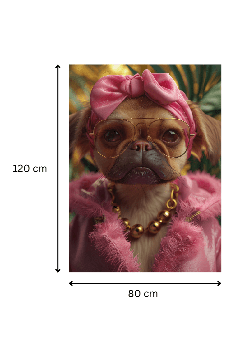 Tableau 'Diva Canine' 80x120 cm, art contemporain représentant un bouledogue stylé en rose pour une décoration murale originale.