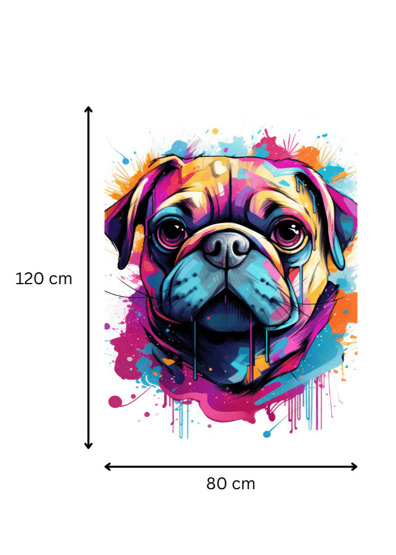 Carlin Pop Art Coloré - Tableau Art Contemporain mesurant 120x80 cm, portrait de chien en couleurs vives idéal pour une déco murale percutante.