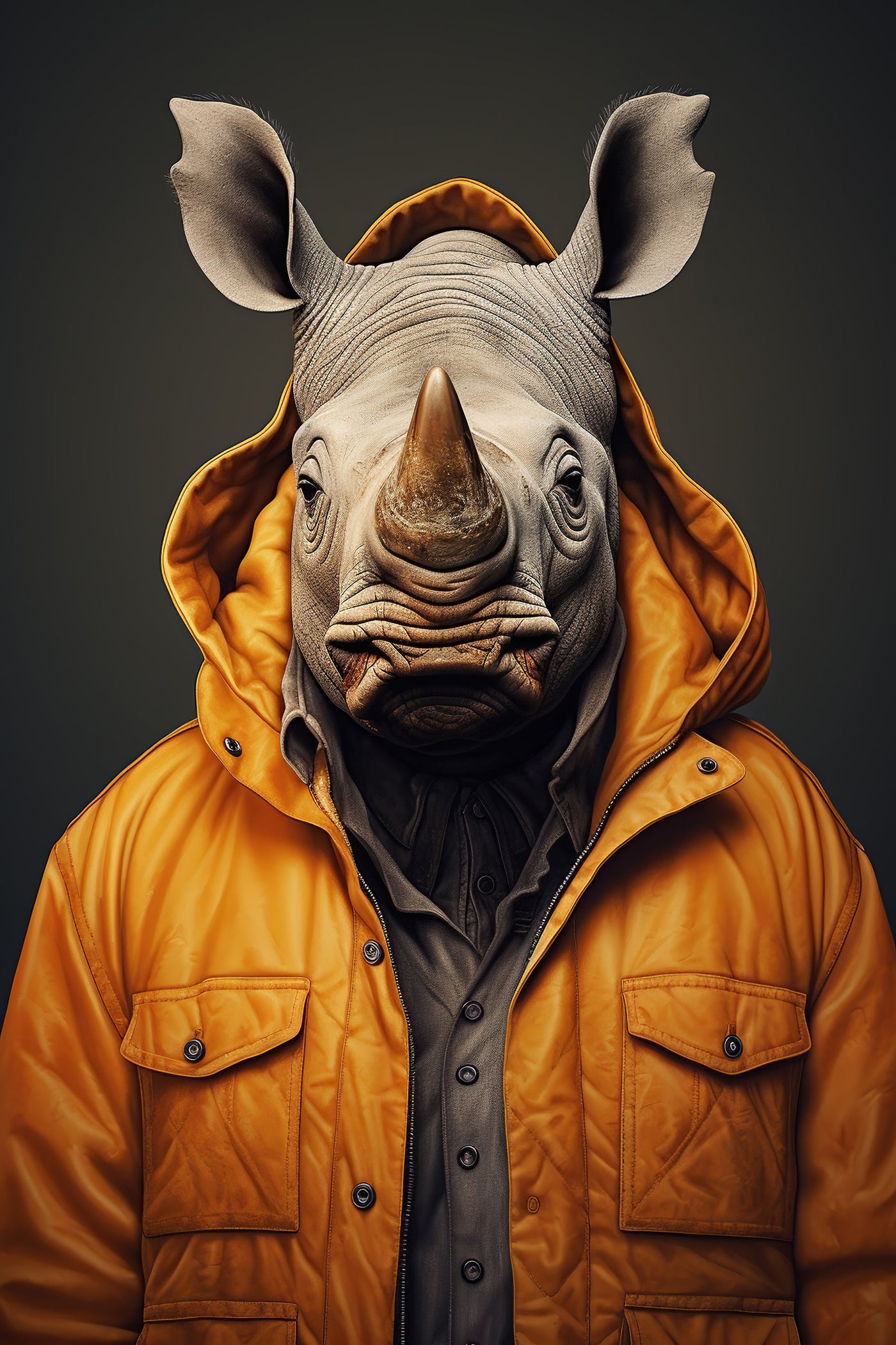 Impression artistique sur toile représentant un rhinocéros en parka orange, fusionnant style streetwear et portrait animalier original.
