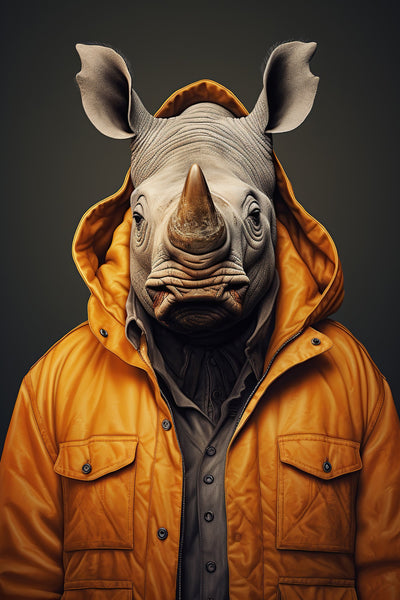 Impression artistique sur toile représentant un rhinocéros en parka orange, fusionnant style streetwear et portrait animalier original.