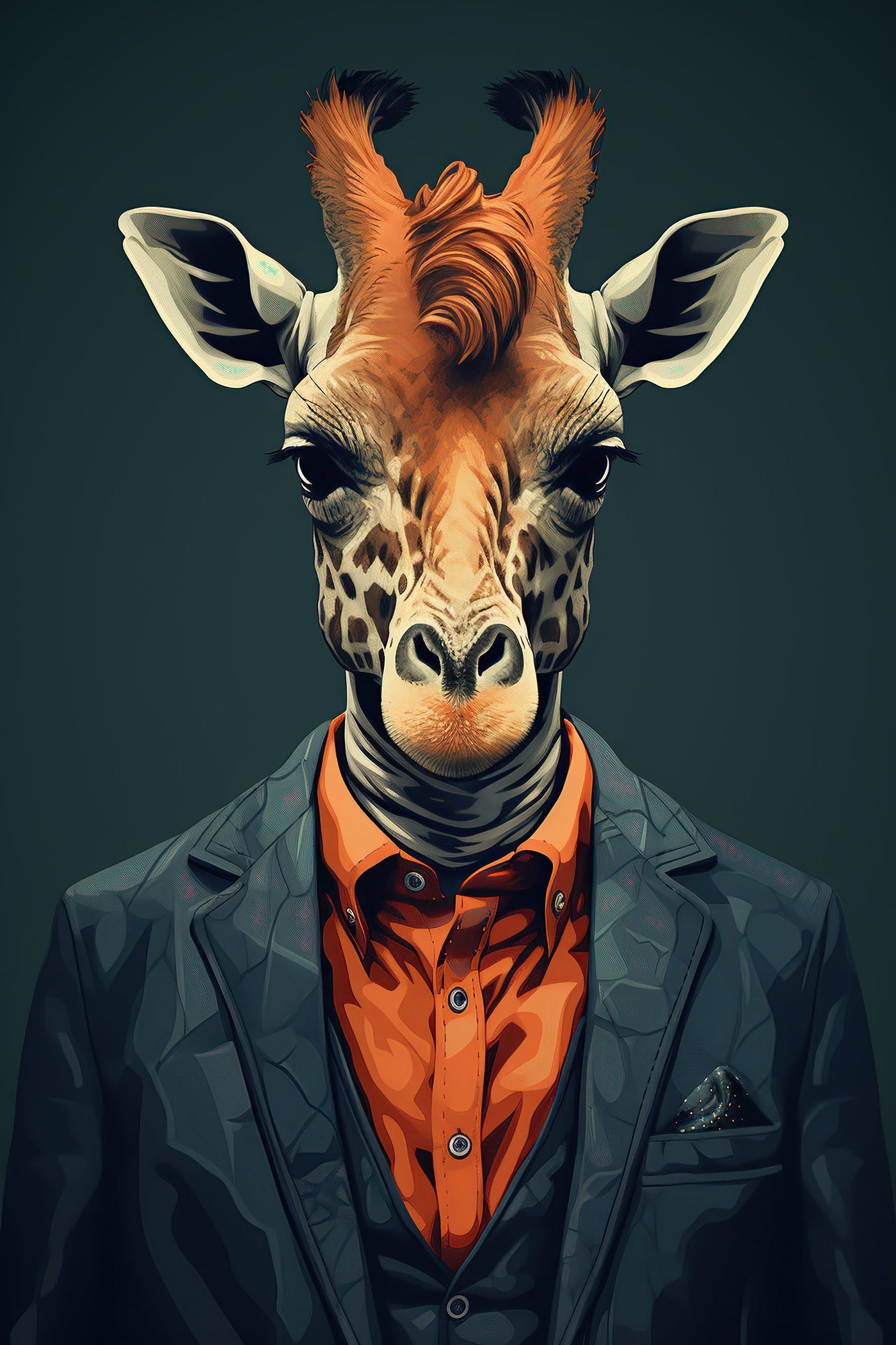 Portrait artistique de girafe élégante en costume sur fond vert foncé, œuvre contemporaine humoristique et raffinée pour décoration intérieure.