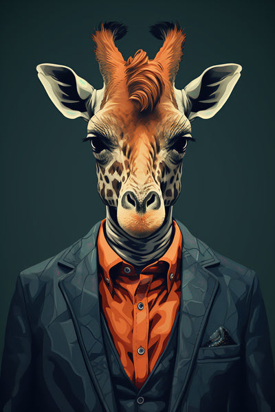 Portrait artistique de girafe élégante en costume sur fond vert foncé, œuvre contemporaine humoristique et raffinée pour décoration intérieure.