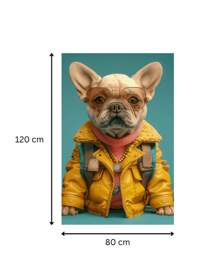 Impression artistique sur toile 'Voyageur Stylé' de 120x80 cm, représentant un bouledogue français stylé. Format parfait pour décoration murale moderne.