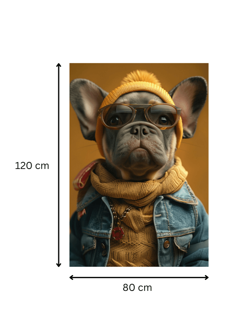 Impression artistique sur toile de 120x80 cm montrant un bouledogue hipster en look hivernal. Idéal pour une déco murale originale et urbaine.
